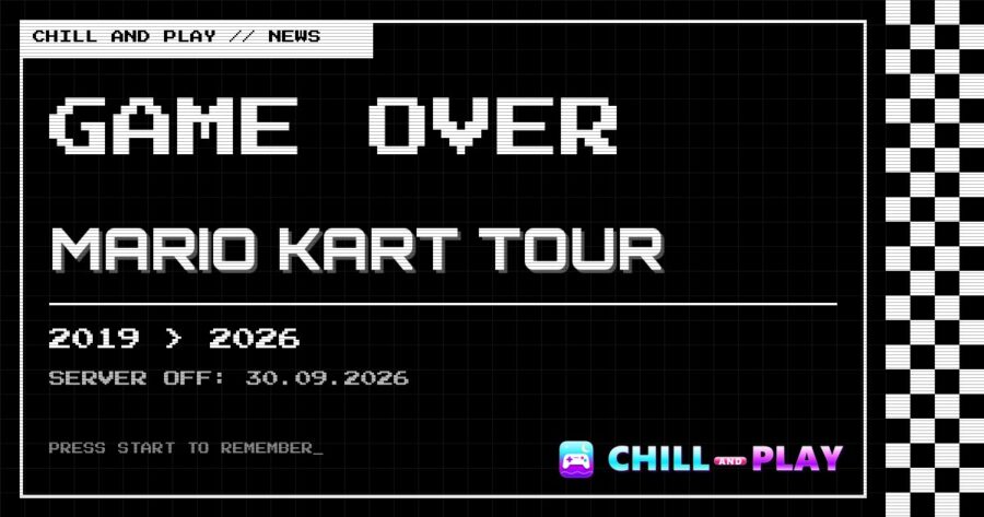 Ilustrasi arcade hitam-putih: Game Over Mario Kart Tour 2019-2026, server off 30 September 2026